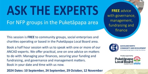 ASK THE EXPERTS (FREE and open to NFP groups working in the Puketāpapa Local Board area)