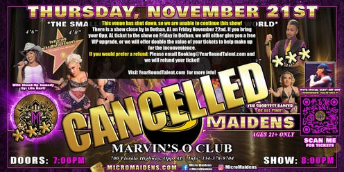 *Cancelled* Opp, AL - Micro Maidens: Dwarf Dancers @ Marvin's O Club! "The Only Micro Revue in the Whole World!"