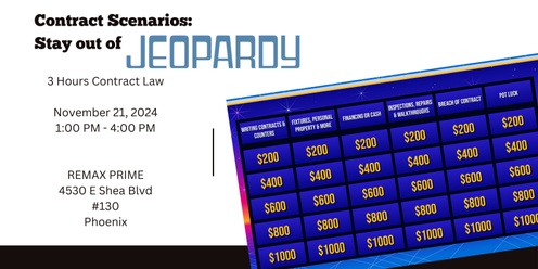 Contract Scenarios:  Stay out of Jeopardy  3 Hours Contract Law Nov 21, 2024. 1:00PM