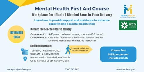 Blended Face-to-Face Mental Health First Aid course (Workplace Certificate) - November 2023