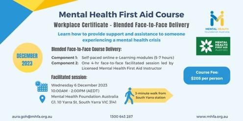 Blended Face-to-Face Mental Health First Aid course (Workplace Certificate) - December 2023