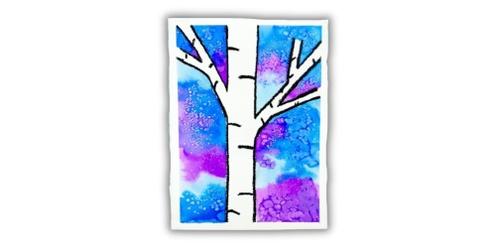 Watercolor Crayon Resist Birch Tree Painting 